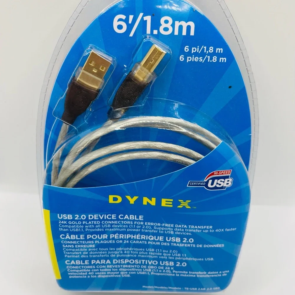 Dynex 6 ft Male A to B USB 2.0 Printer/Device Cable 24K Gold Plated Connectors